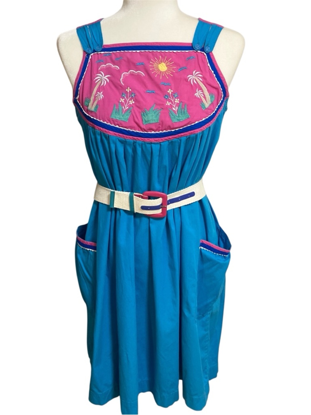 Vintage Turquoise Sundress with Pink Embroidered Yoke